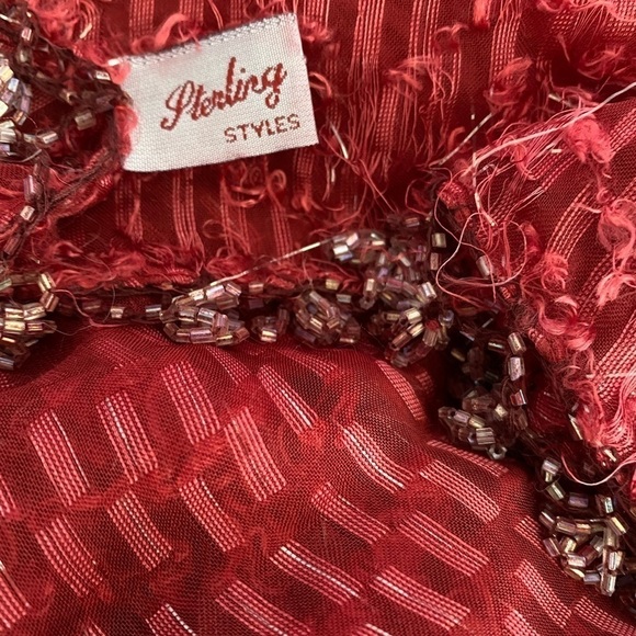 Sterling Styles Red Beaded Triangle Wrap | Formal Evening Shawl OS - Picture 8 of 9